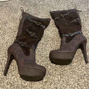 Four inch, high heel, platform boots, good condition